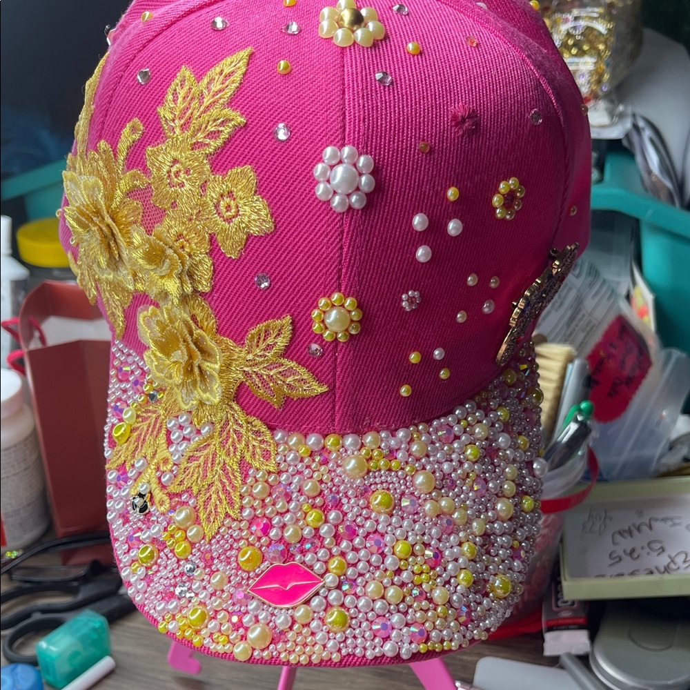 Embellished Pink Cap with Floral Design